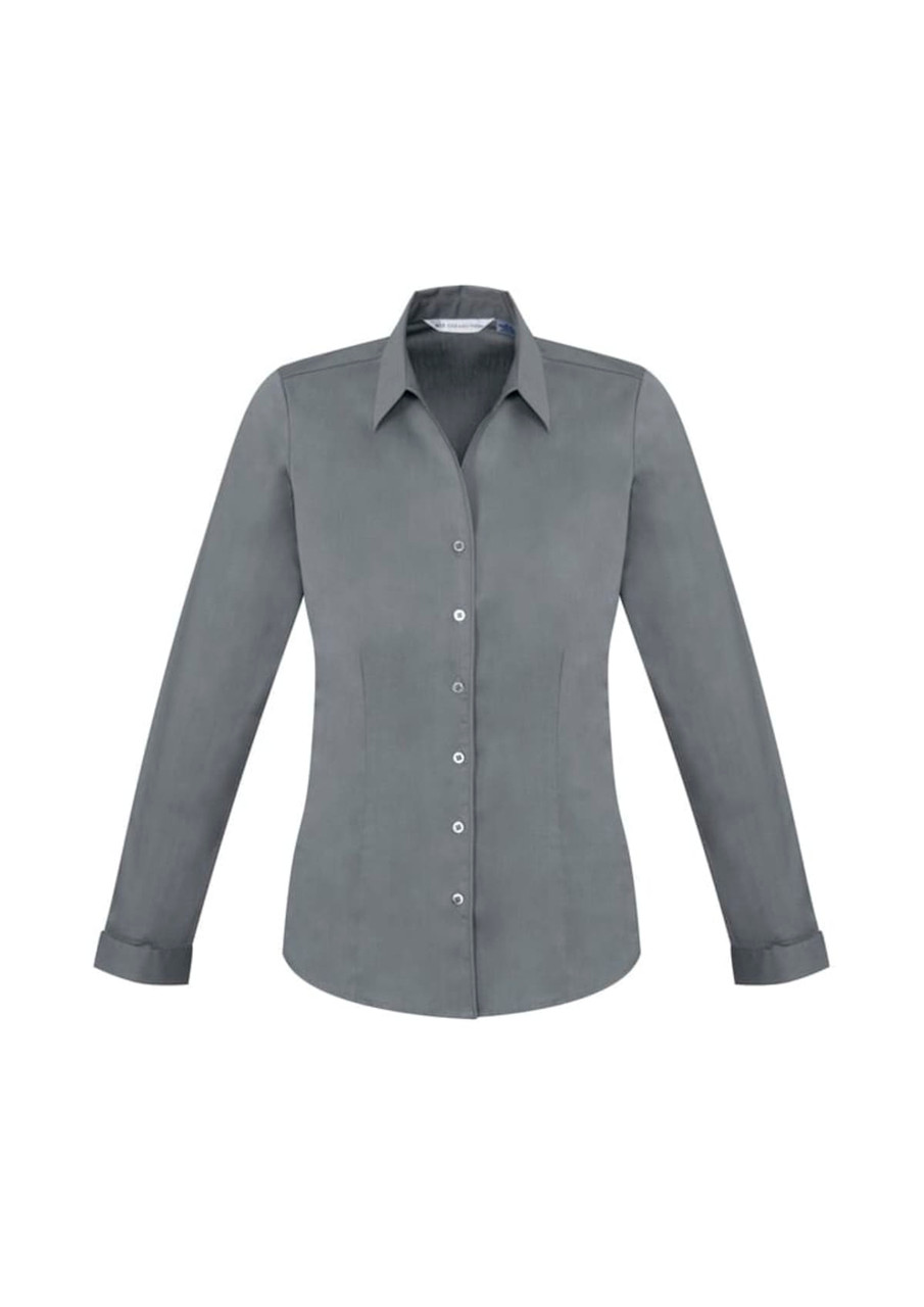 A women's long sleeve button-up shirt in grey, featuring a fitted design and a collar. The shirt has a branding logo.