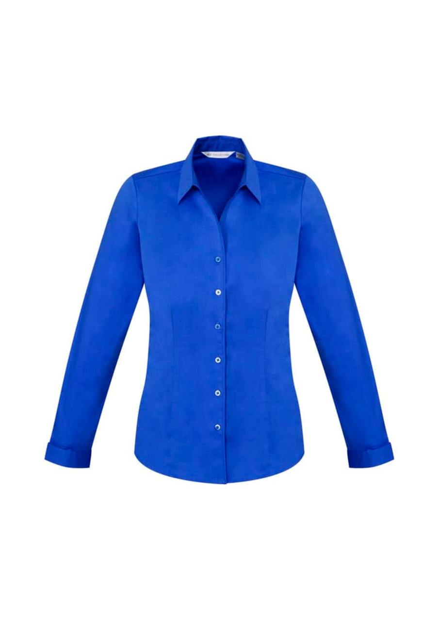 A blue women's button-up shirt with long sleeves and a fitted design, featuring a collar and buttons down the front.