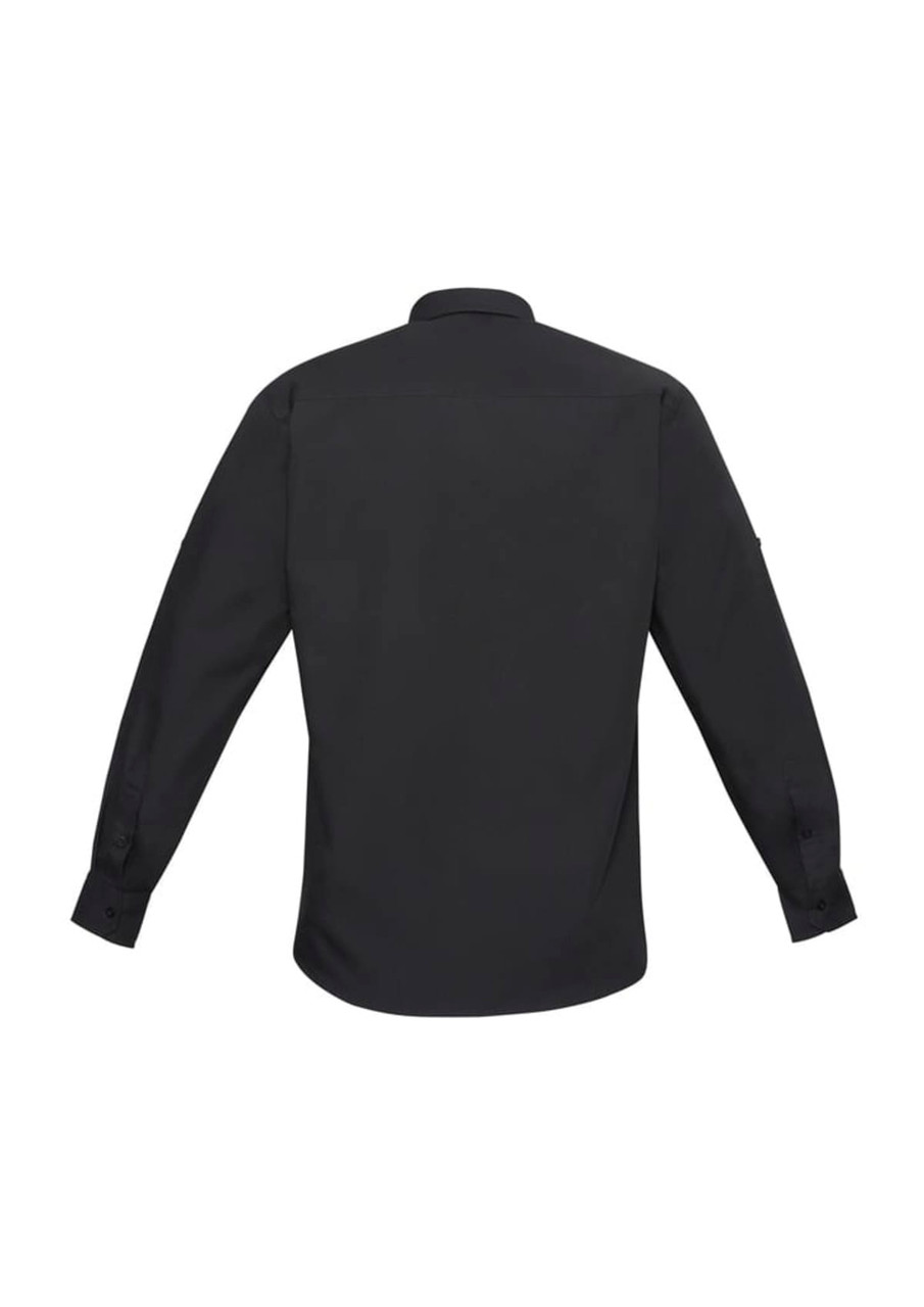 A black long sleeve button-up shirt with a straight back view and wrist cuffs. Features a logo on the sleeve.