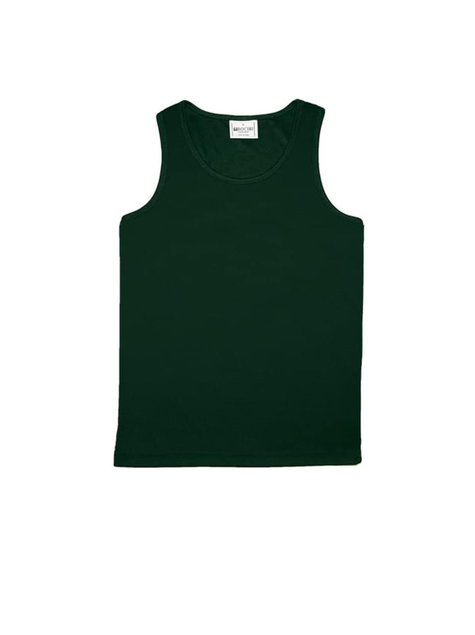 A dark green unisex micromesh singlet featuring a round neckline and an interior label.