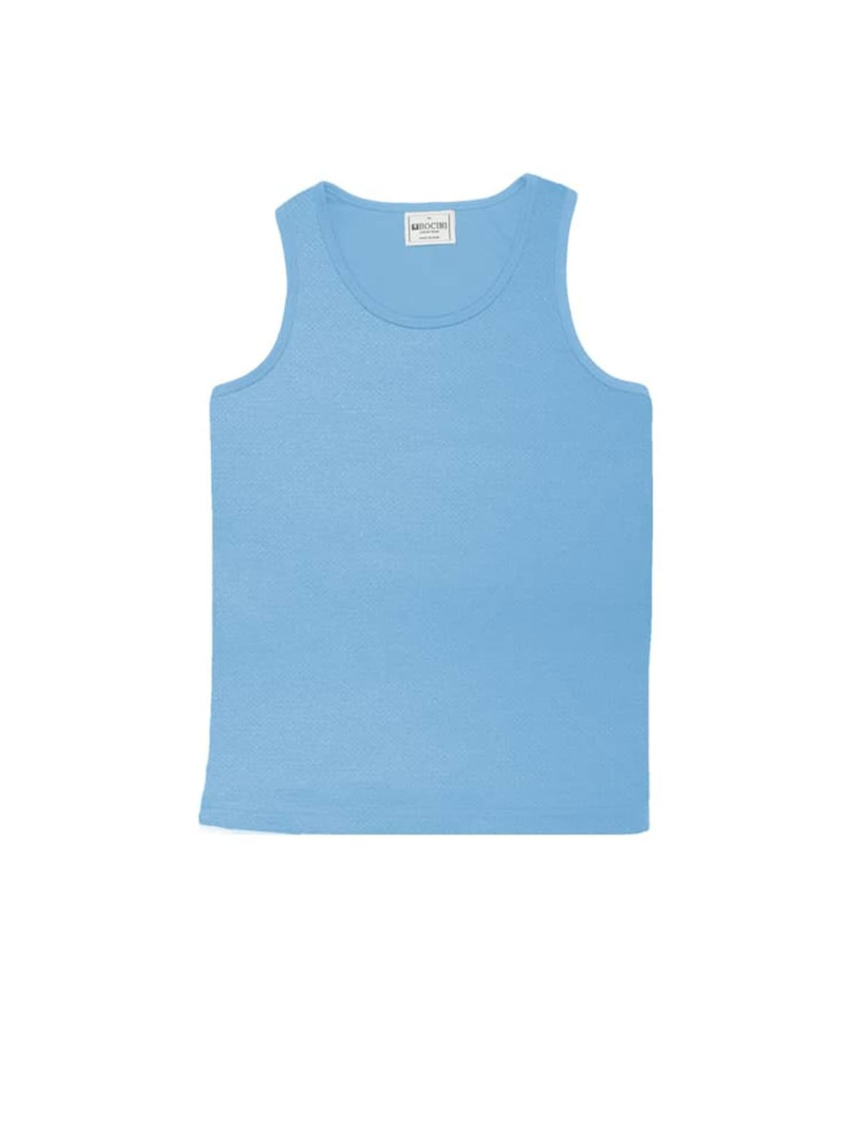 A light blue unisex micromesh singlet with a simple design and a label inside.