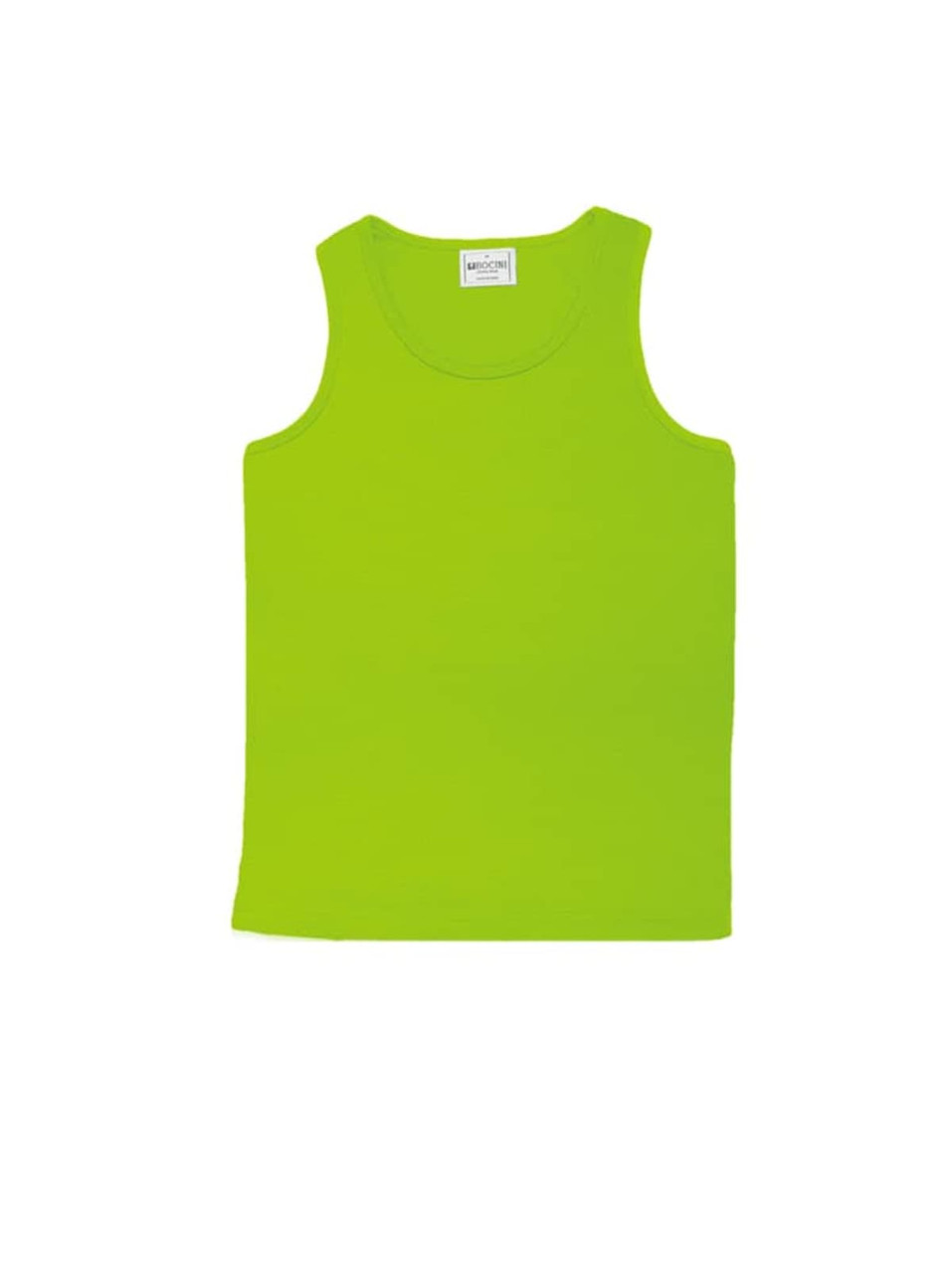 A bright lime green unisex micromesh singlet with a simple round neckline and no sleeves.