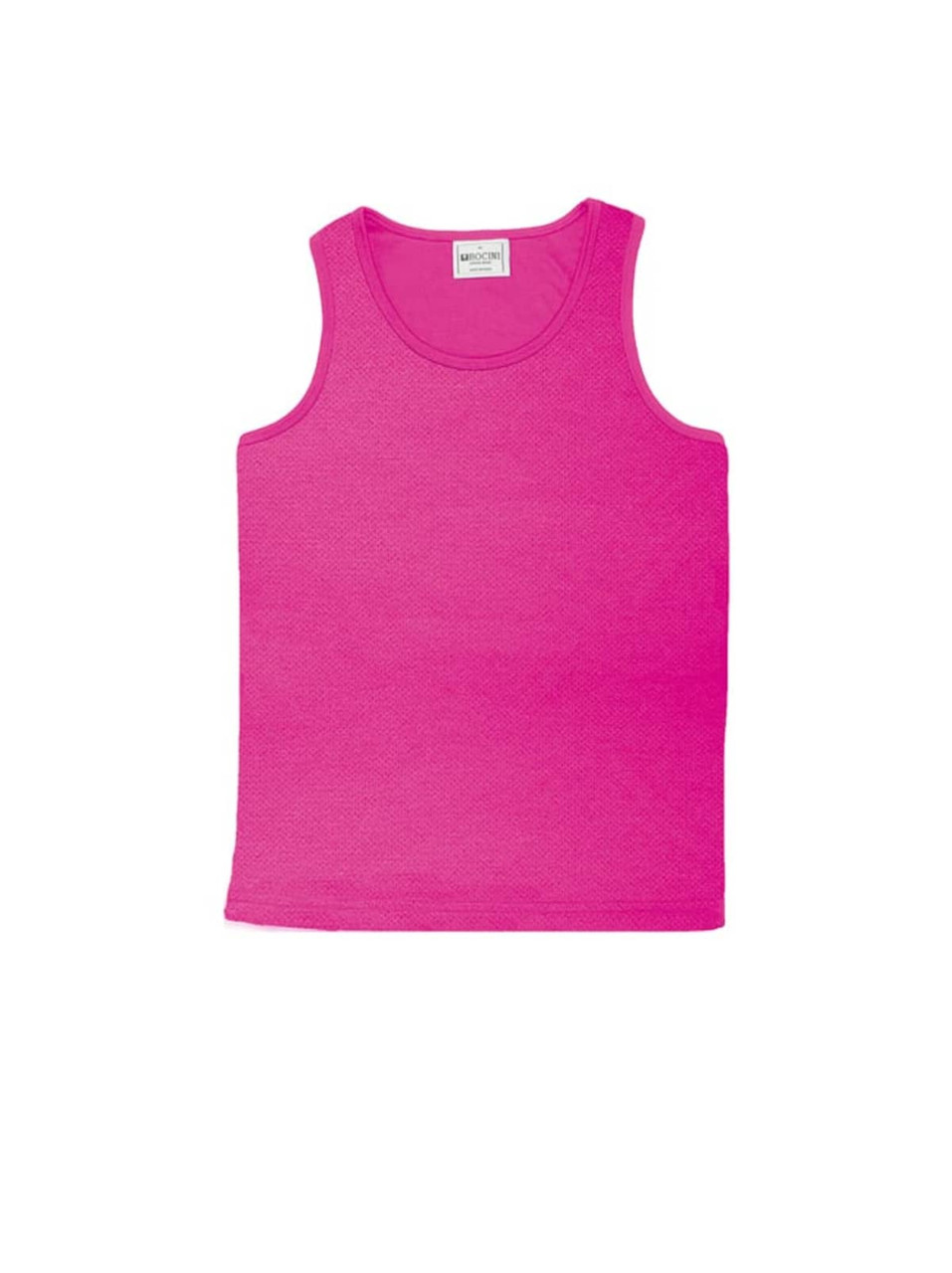 A pink unisex micromesh singlet featuring a simple design and a tag on the neckline.