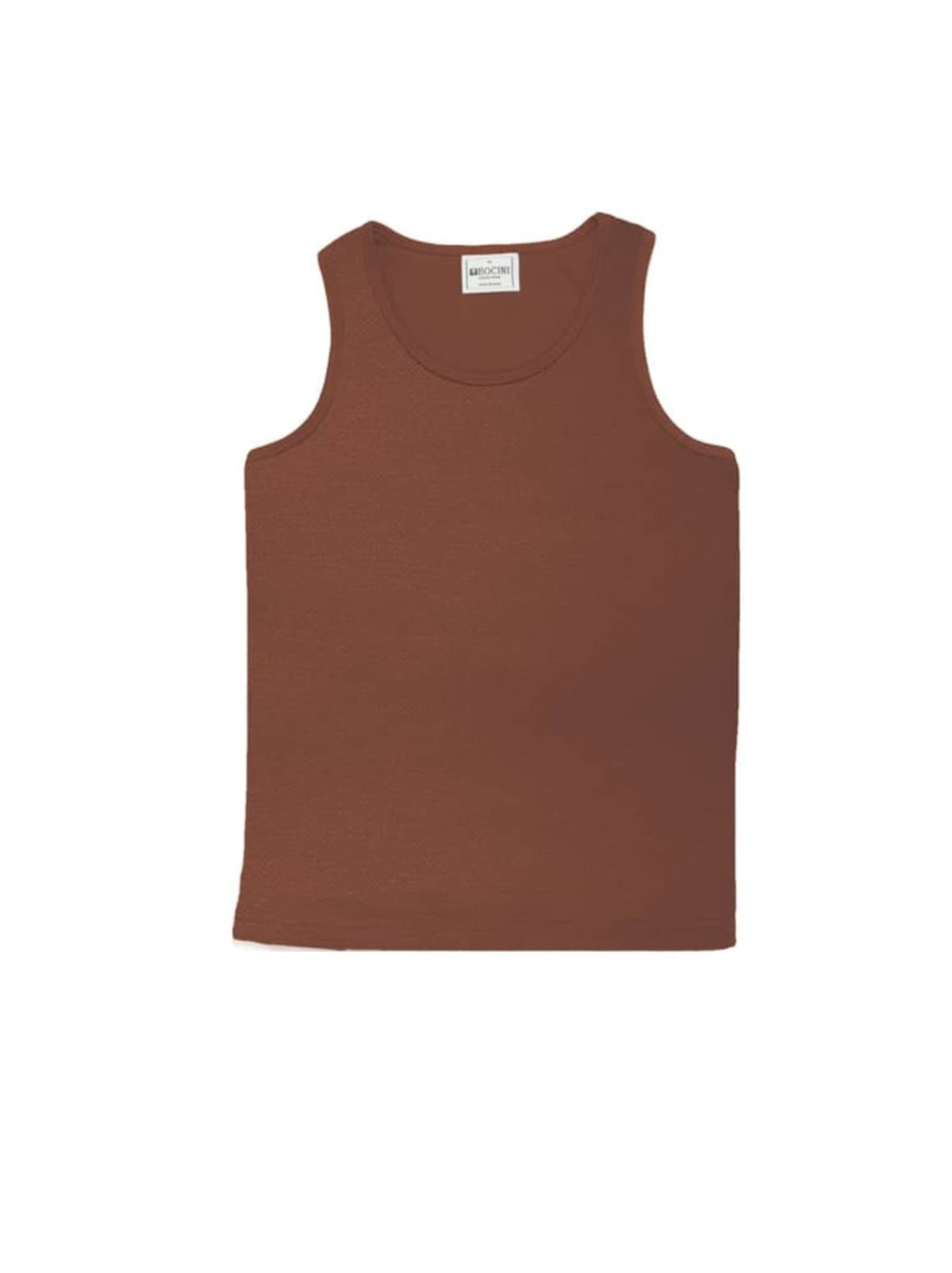 A brown unisex micromesh singlet with a sleeveless design and a label at the neckline.