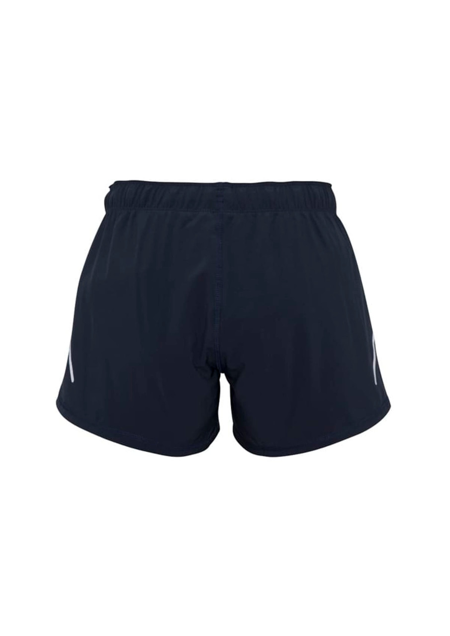 A pair of women's sports shorts in navy blue with an elastic waistband and reflective logo details.