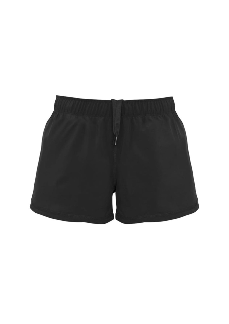 A pair of black women's sports shorts featuring an elastic waistband with a drawstring.