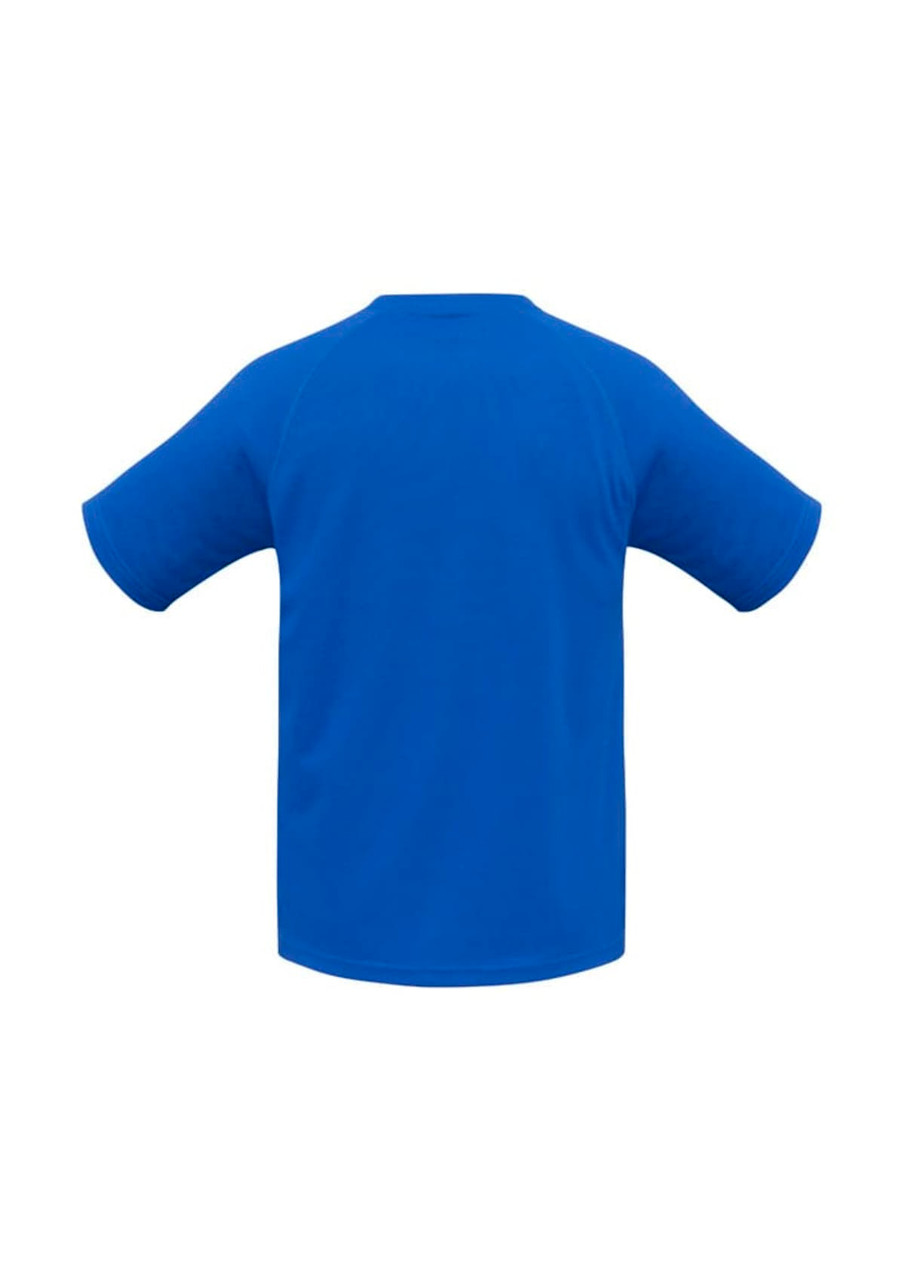 A blue short sleeve tee with a raglan style and a plain back. Features a logo.