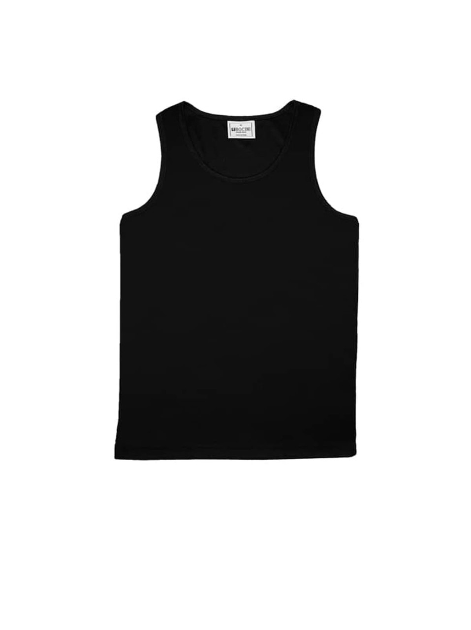A black micromesh singlet designed for kids, featuring a simple style and a logo.