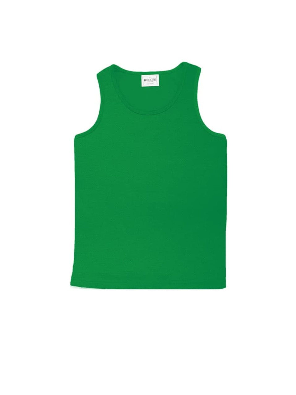 A green micromesh singlet featuring a round neckline and a label inside, suitable for kids.