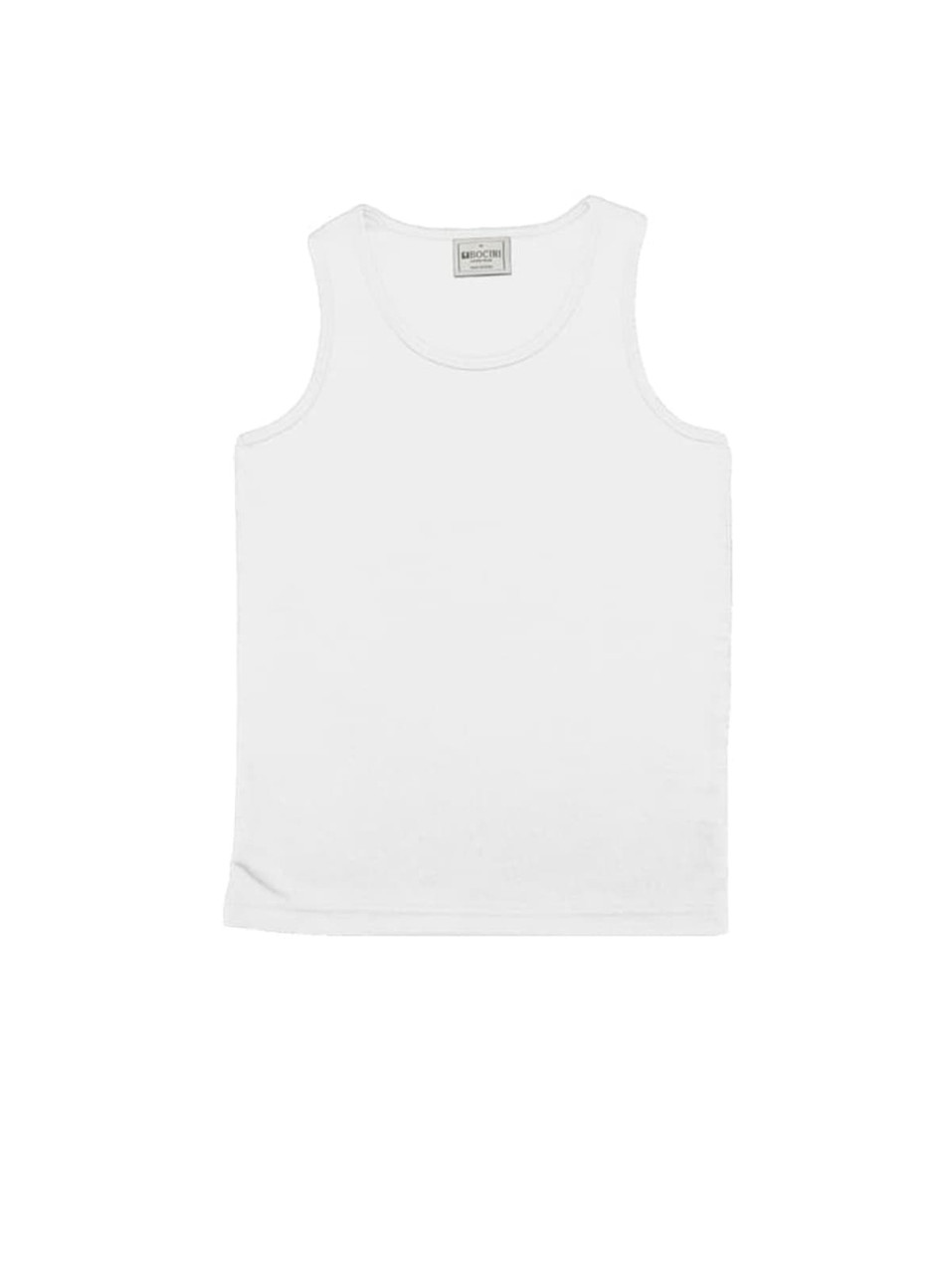 A white micromesh singlet with a simple design and a logo label at the neckline. Ideal for kids' wear.
