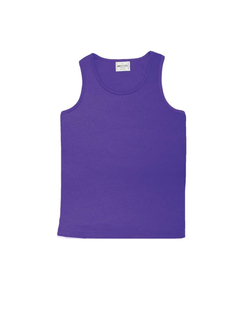 A purple kids' micromesh singlet with a simple design and a tag inside. Features a brand logo on the label.