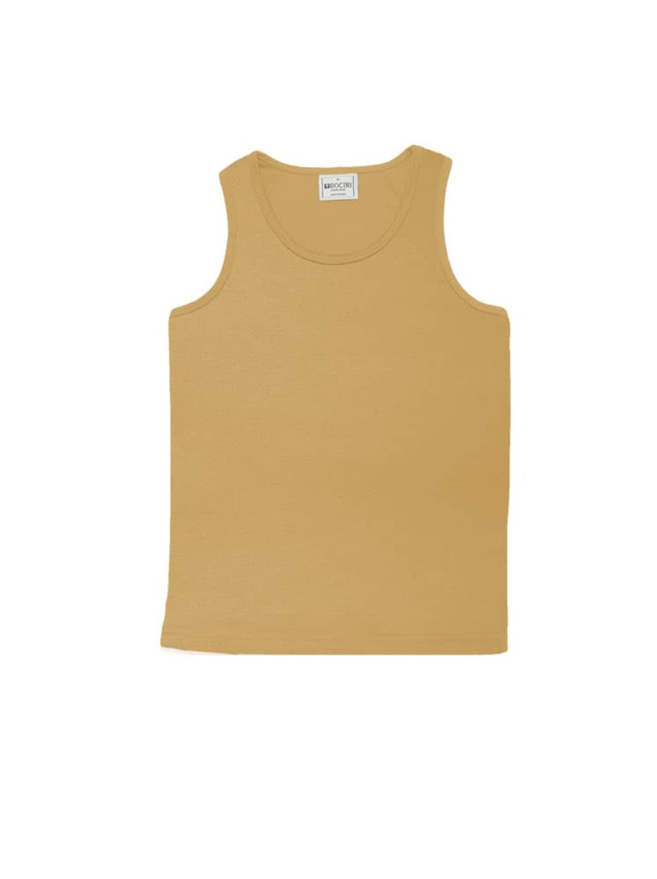 A yellow micromesh singlet featuring a crew neckline and sleeveless design, with a small logo at the label.