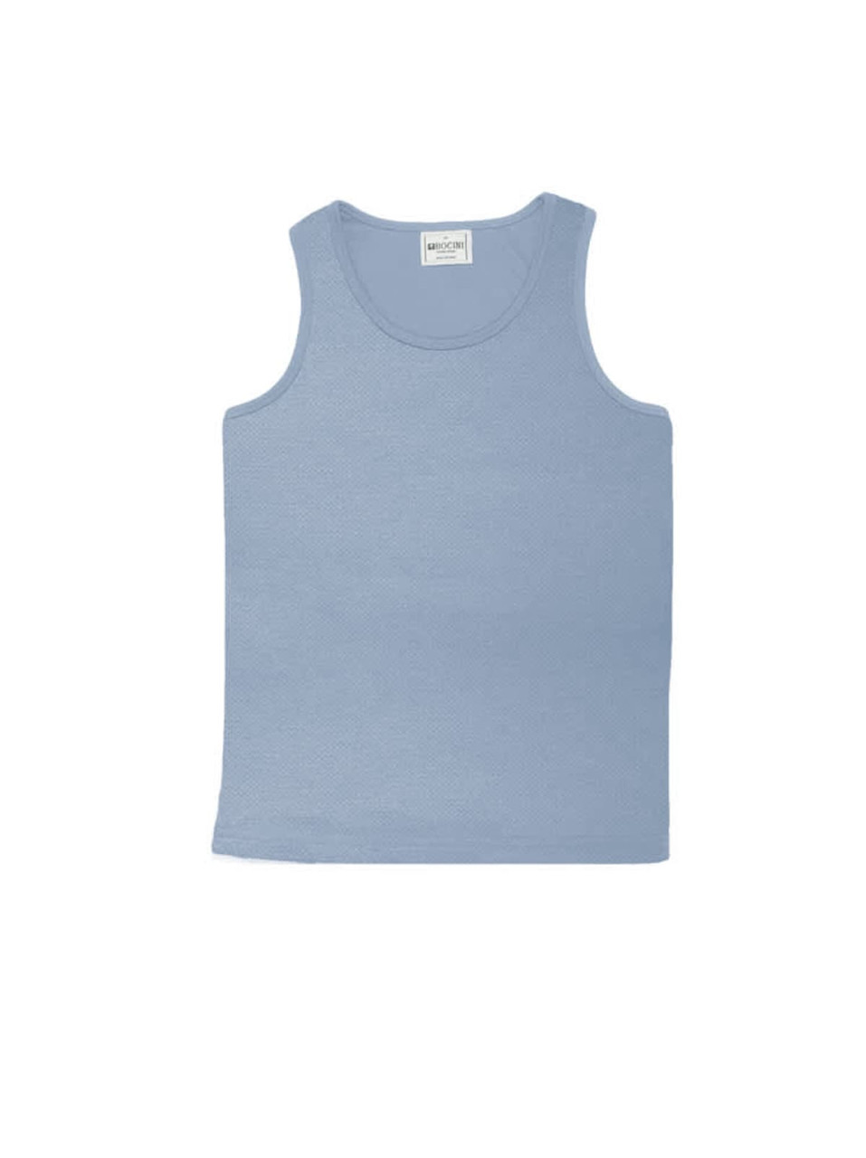 A light blue micromesh singlet with a classic sleeveless design. It features a label and has no visible logos.