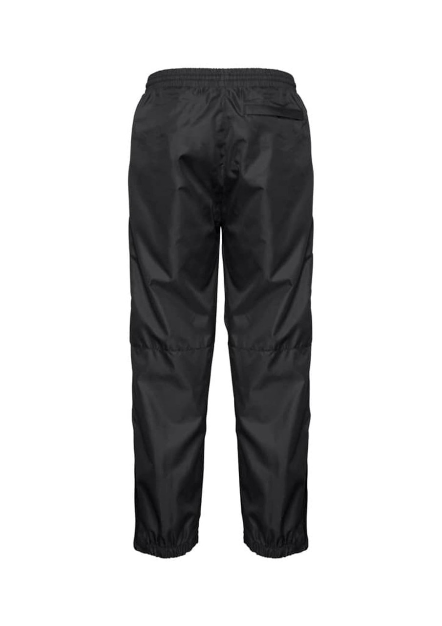 Black track pants with an elastic waistband and gathered cuffs, featuring a branding logo.