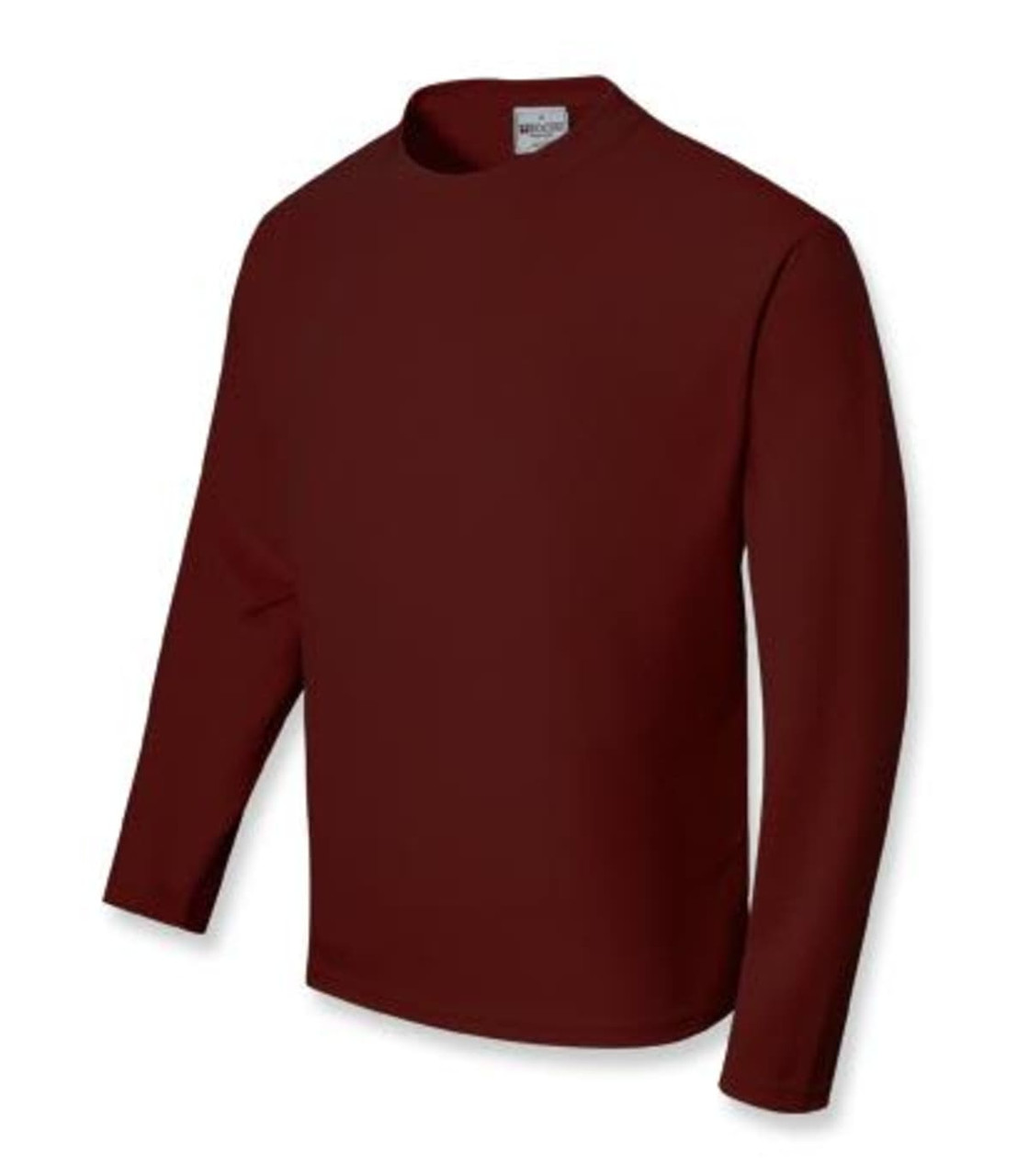 Unisex long sleeve tee shirt in a deep burgundy colour, featuring a simple design and a logo.