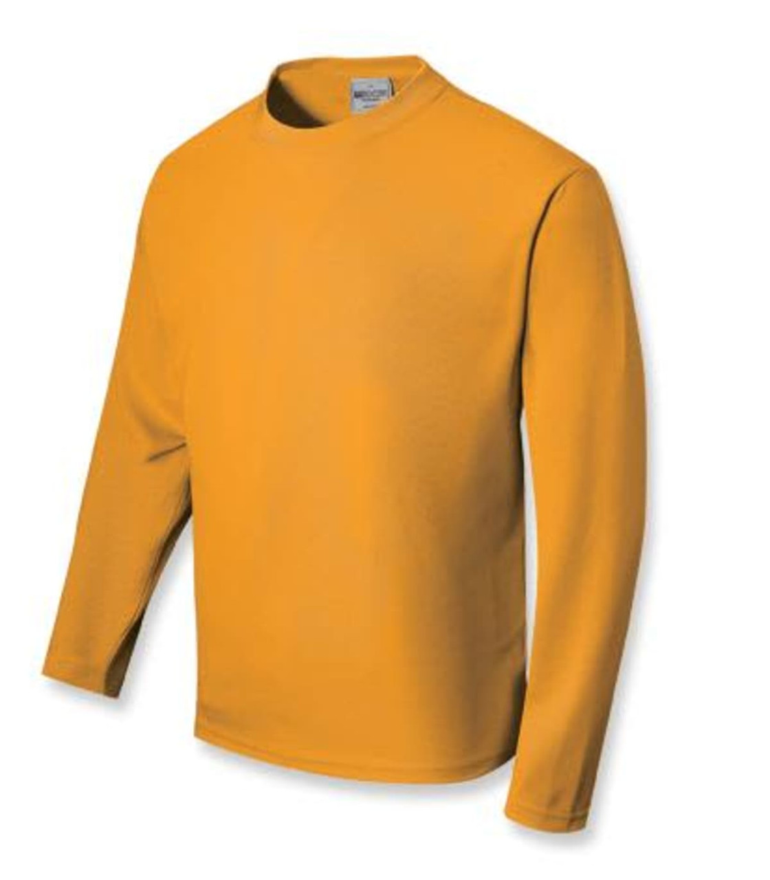 A long sleeve tee shirt in a bright yellow colour, featuring a crew neck and a logo on the label.