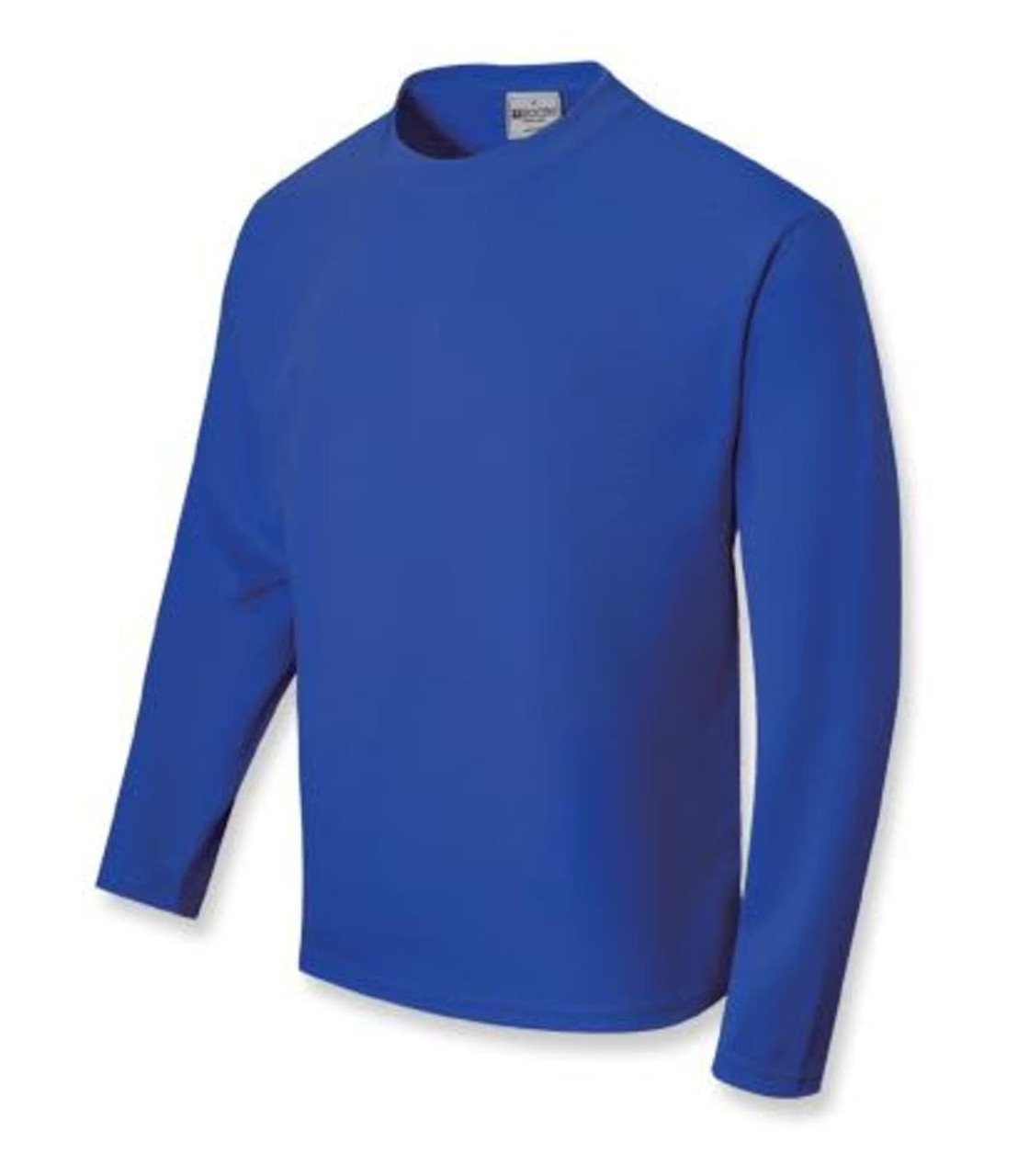 A blue unisex long sleeve tee shirt with a round neckline and logo on the label.