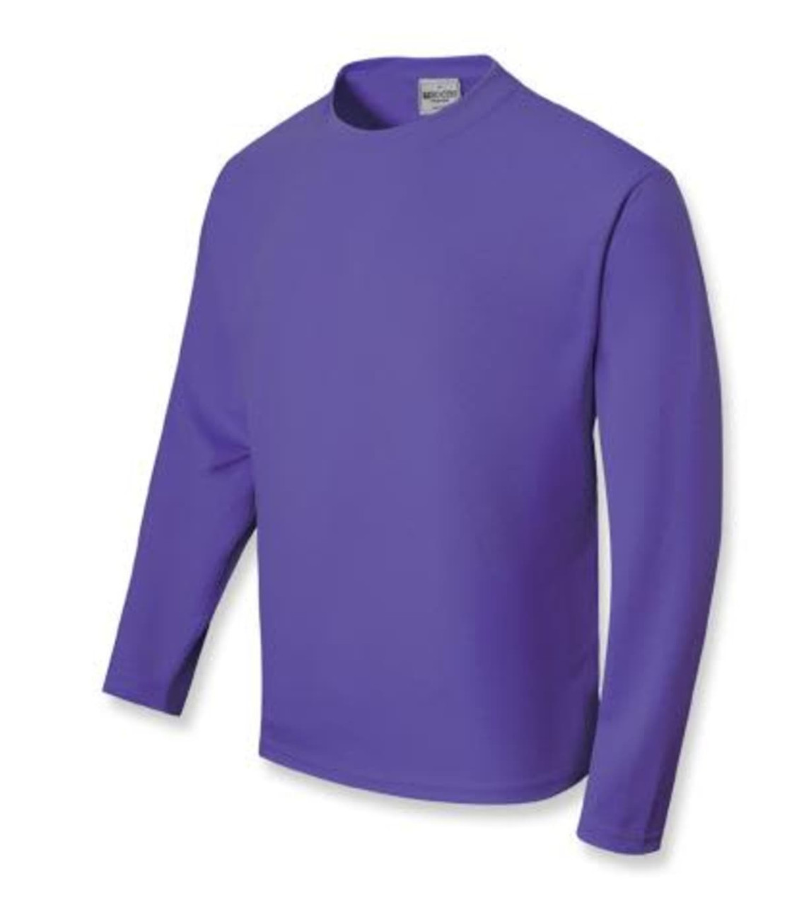 A unisex long sleeve tee shirt in a vibrant purple colour, featuring a round neckline and a logo.