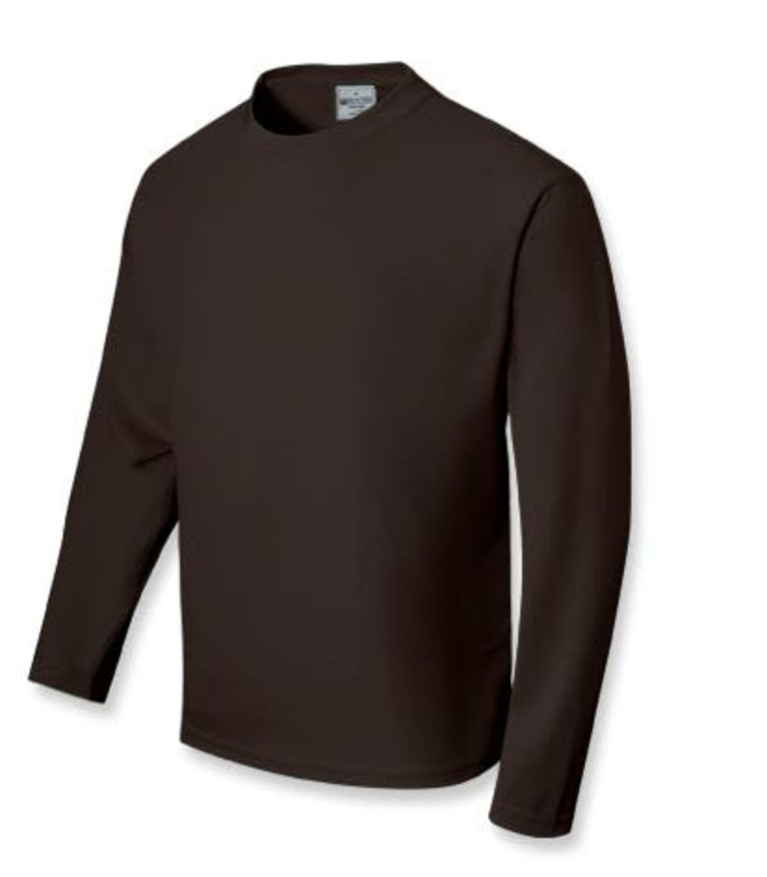 A unisex adult long sleeve tee shirt in dark brown with a simple design and a tag visible inside the collar.