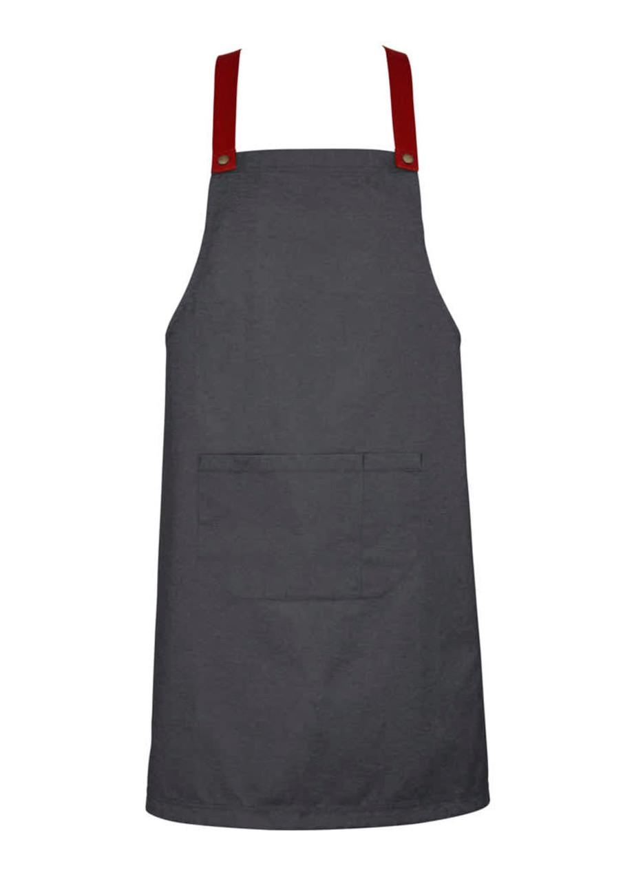 A dark grey apron with red straps and a front pocket, featuring a logo on one side.