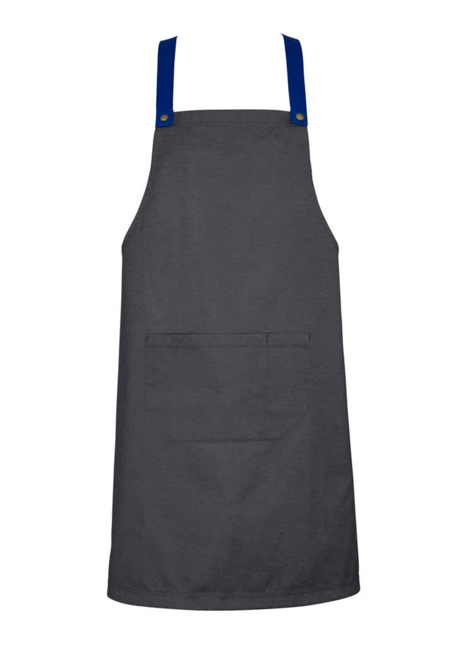A grey apron with blue straps and a front pocket, featuring a branding logo on the straps.