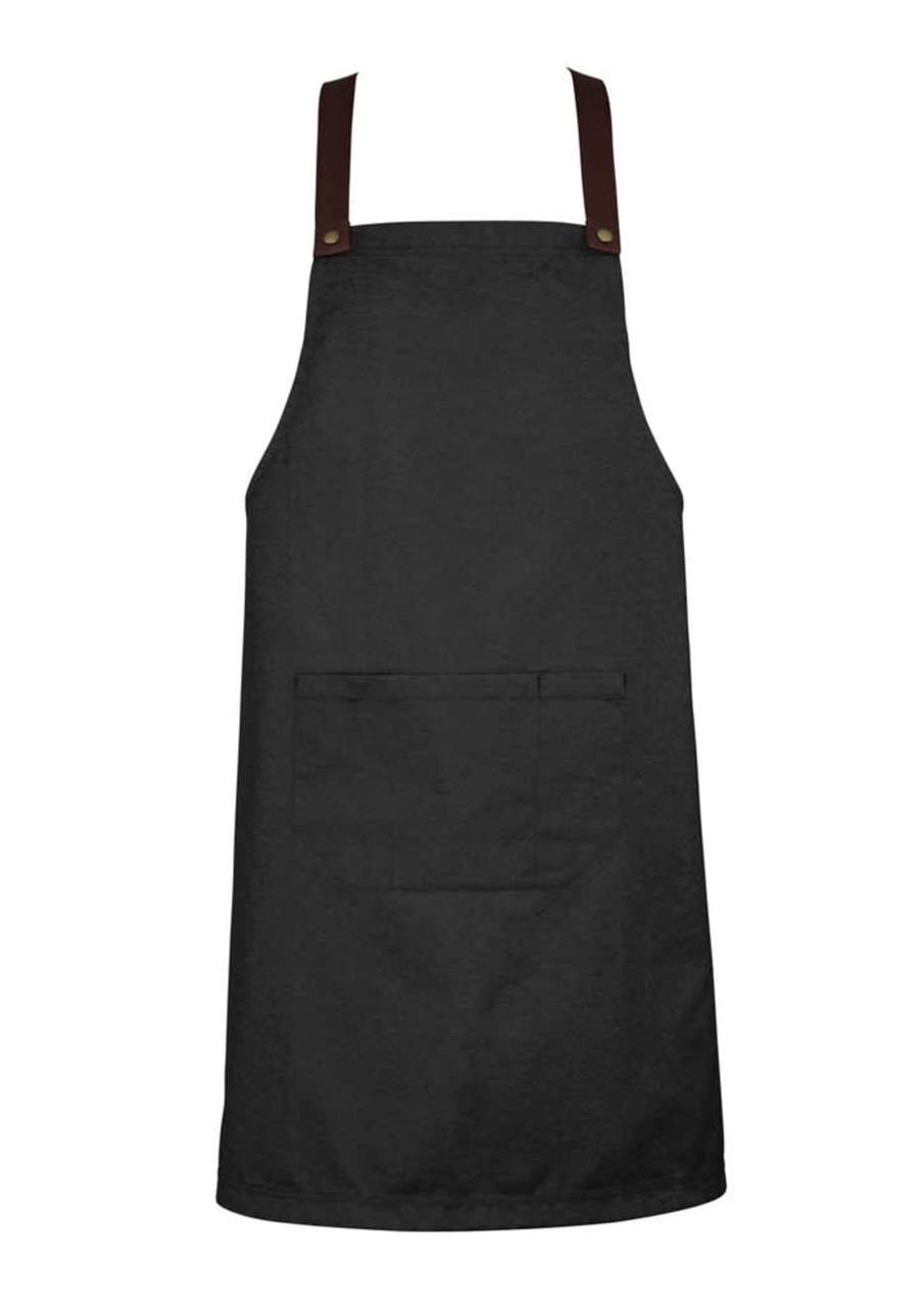 A black apron with brown straps and a front pocket, featuring a logo on one of the straps.