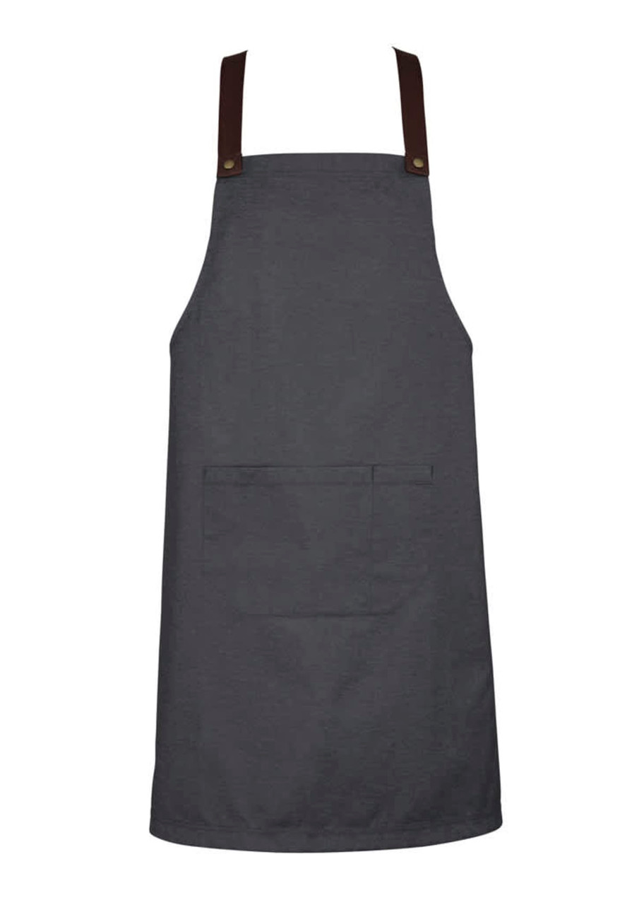A grey apron with brown straps and a front pocket, featuring a logo on the strap.