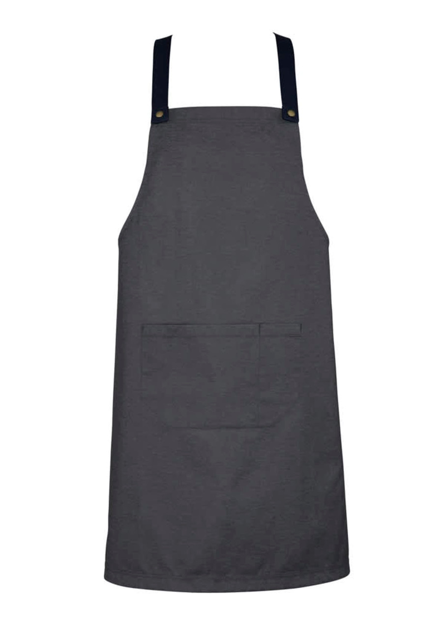 A grey chef apron with dark blue straps and a front pocket, featuring a logo on one side.