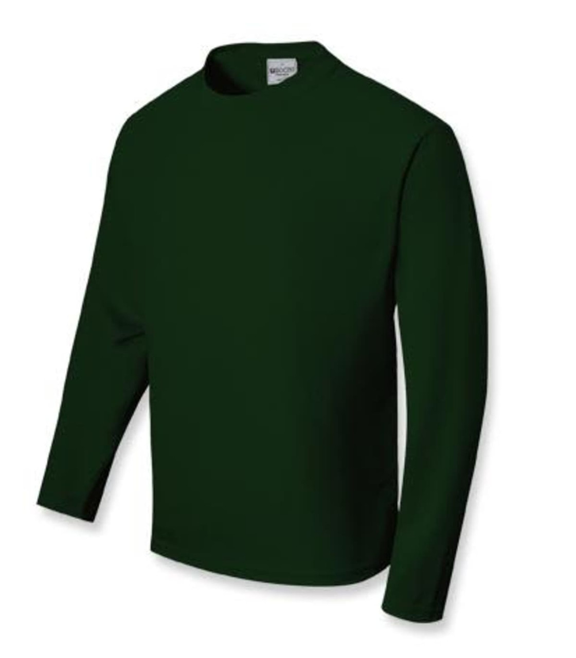 A long sleeve tee shirt in dark green with a round neckline and a logo on the label.