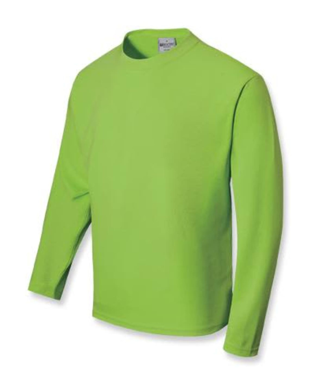 A long-sleeve tee shirt in bright green, featuring a simple design and a logo on the label.