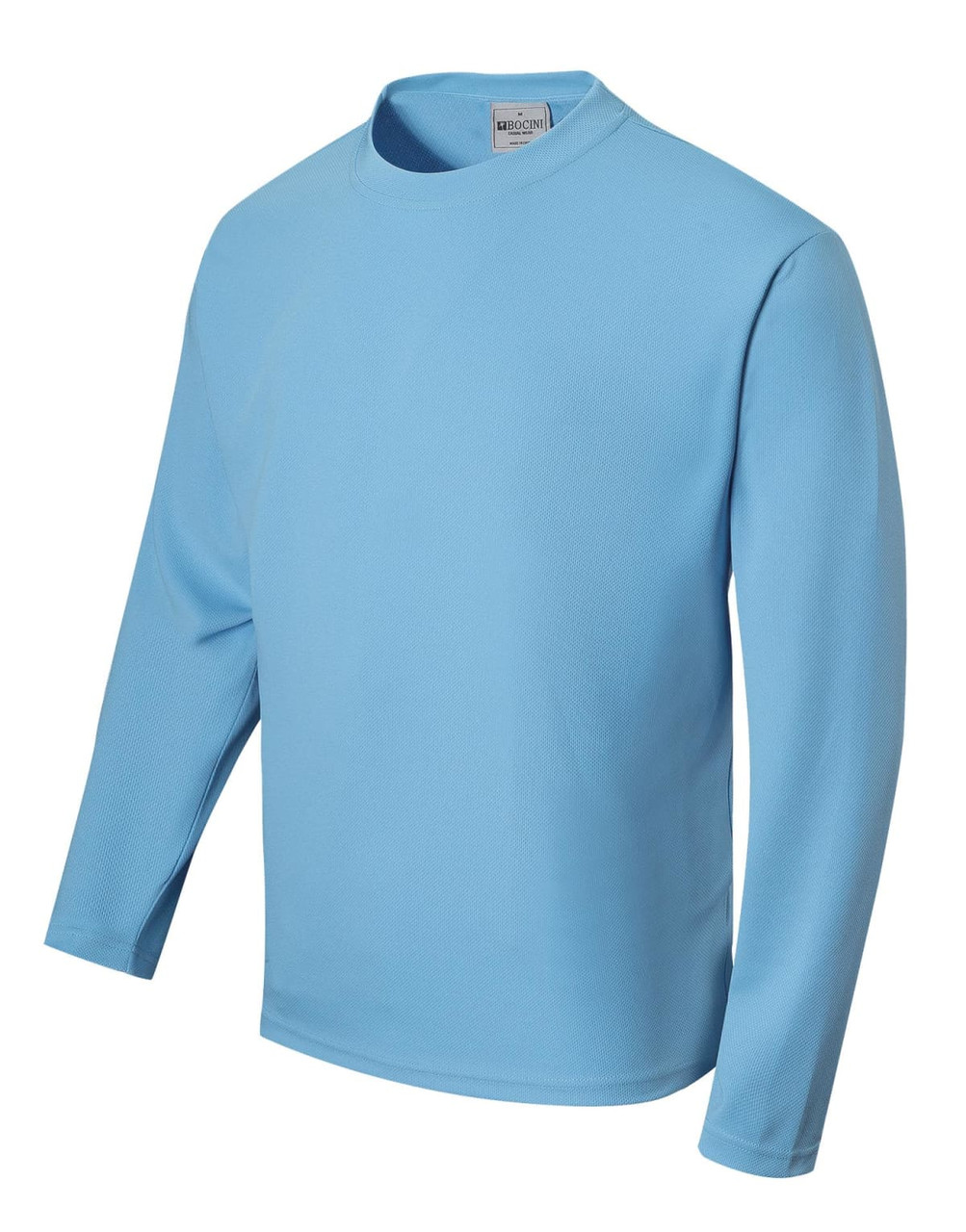 A long sleeve tee shirt in light blue with a round neckline and a logo on the label.