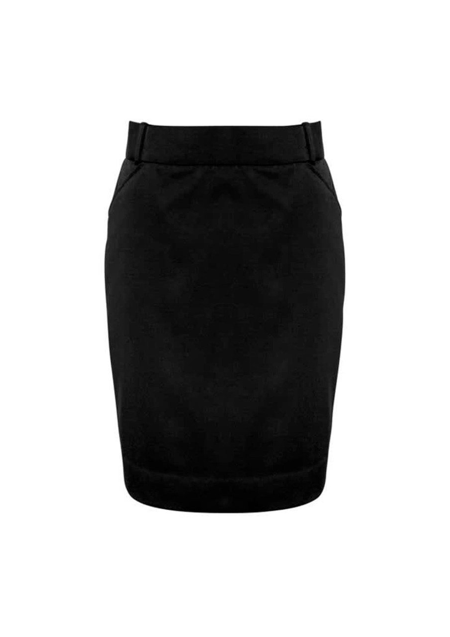 A black women's skirt with a tailored design, featuring pockets and a waistband. Contains a logo.