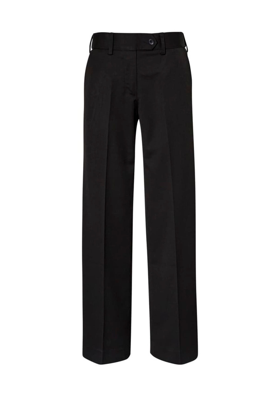 Black women's slacks with a straight leg design and a waistband featuring a button, accompanied by a logo.