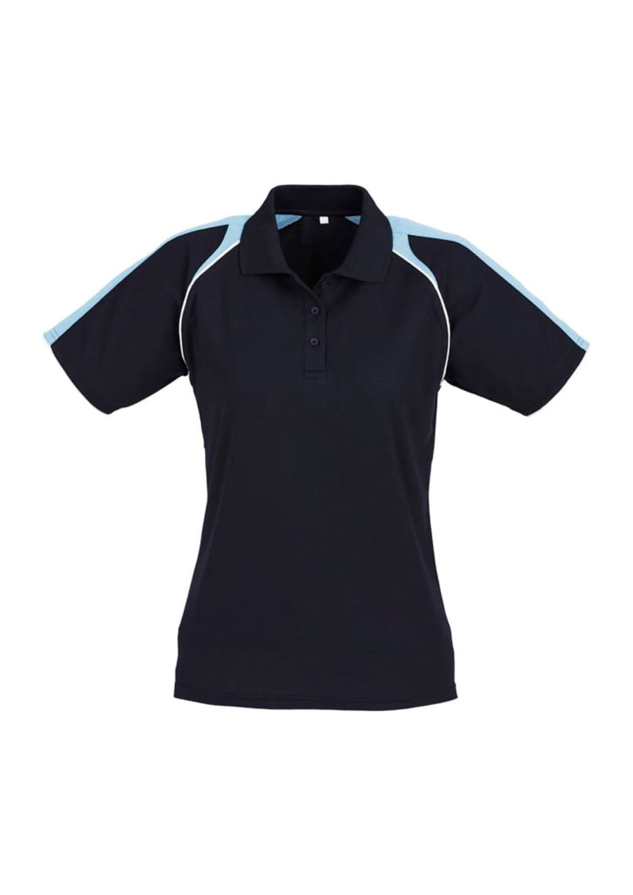 A women's short sleeve polo shirt in navy blue with light blue accents and a collar. Features a logo.
