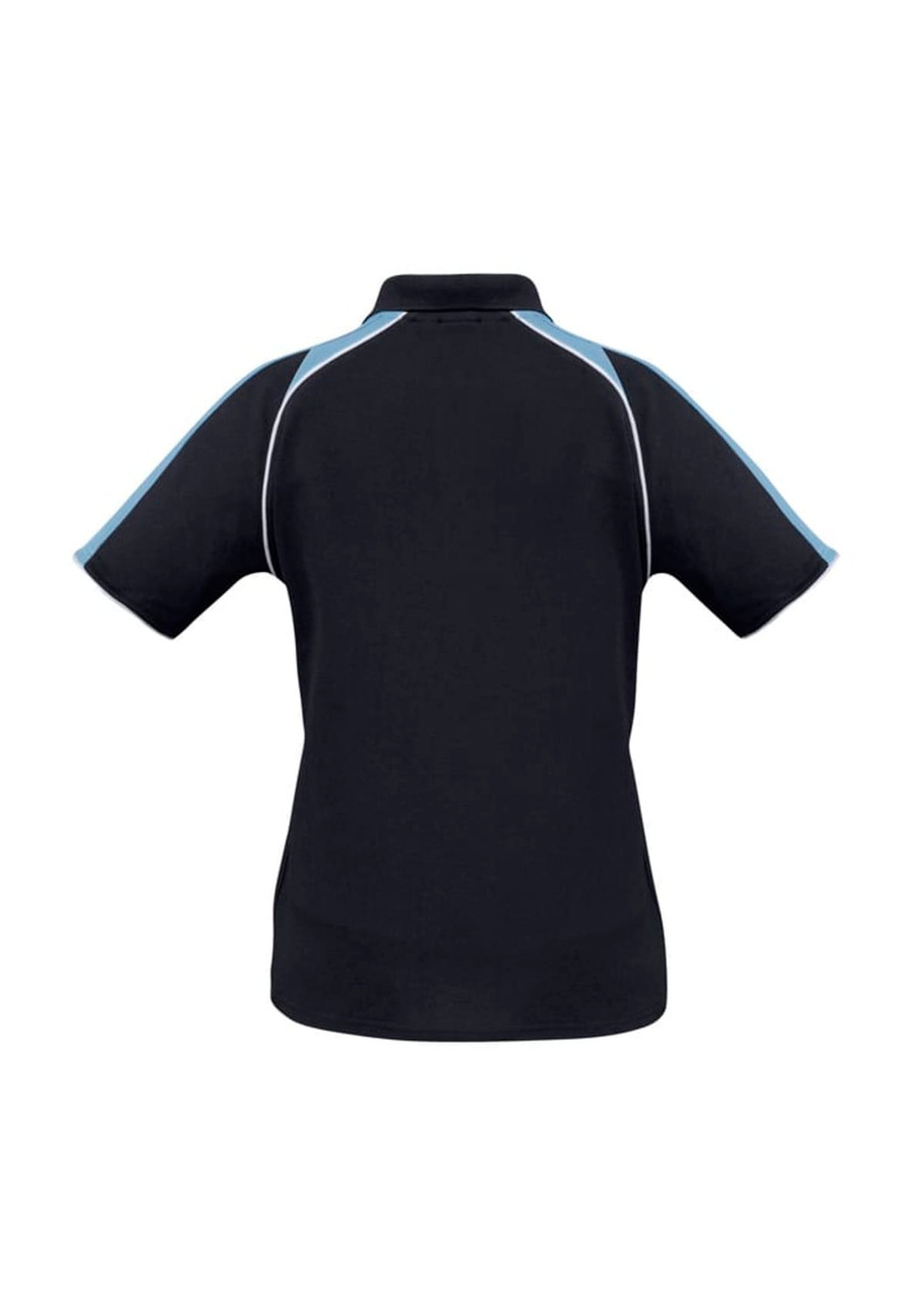 A black women's short sleeve polo shirt with light blue accents and a logo. The back view highlights the design and fit.