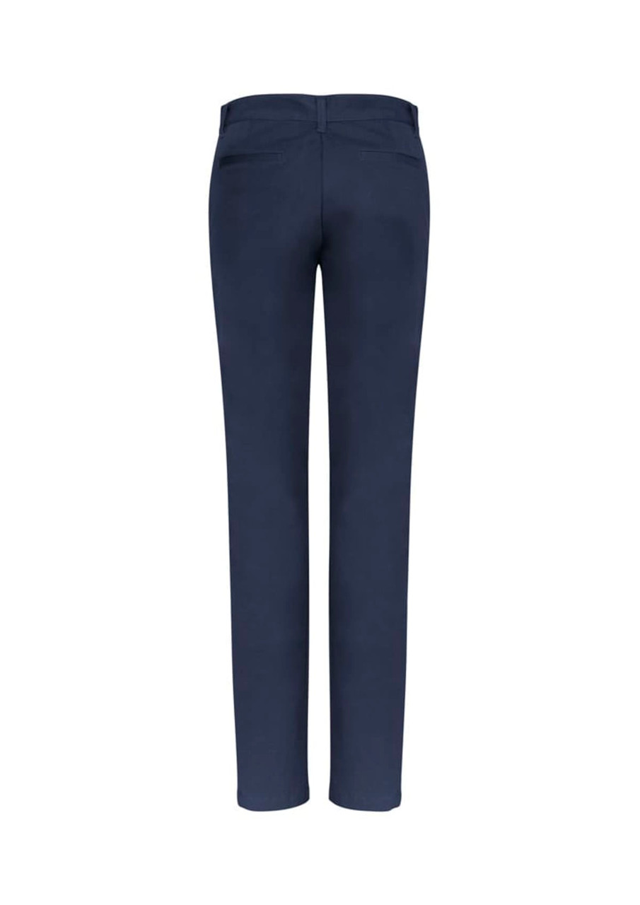 A pair of women's chino pants in navy blue, featuring a slim fit and a back pocket detail.