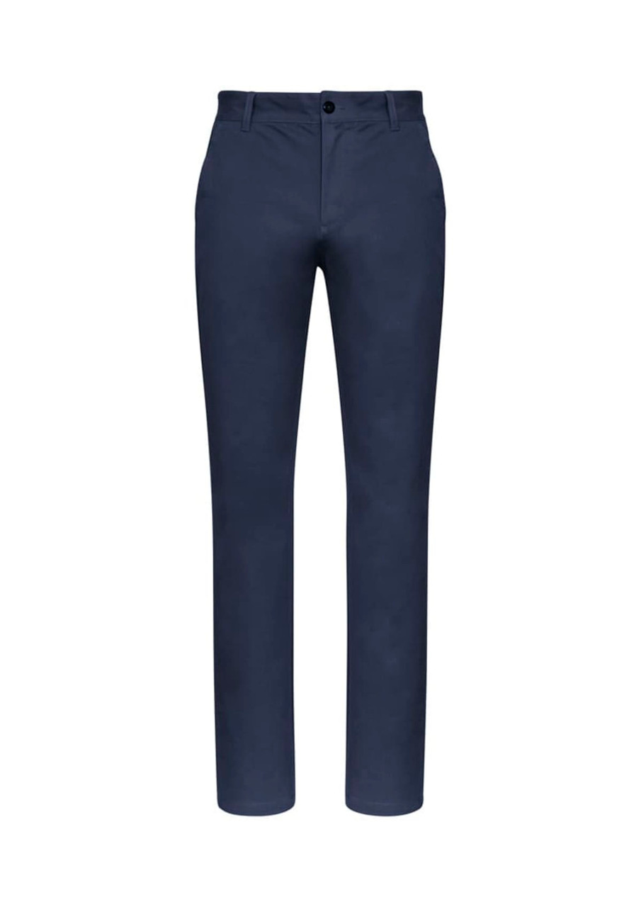 Navy chinos with a straight leg design and a button front, featuring a logo on the waistband.