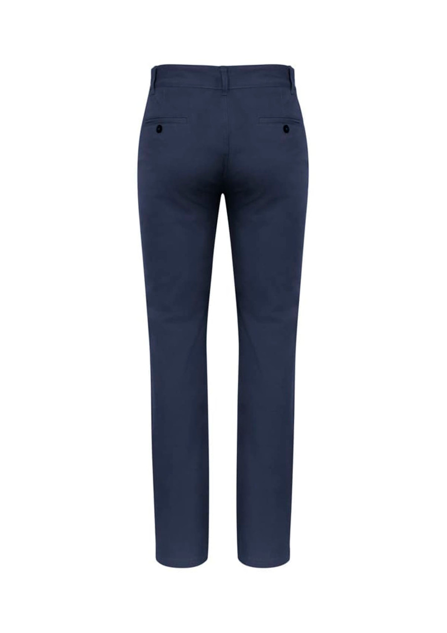 A pair of men's navy chino pants, featuring a slim fit and back pockets, with a brand logo present.