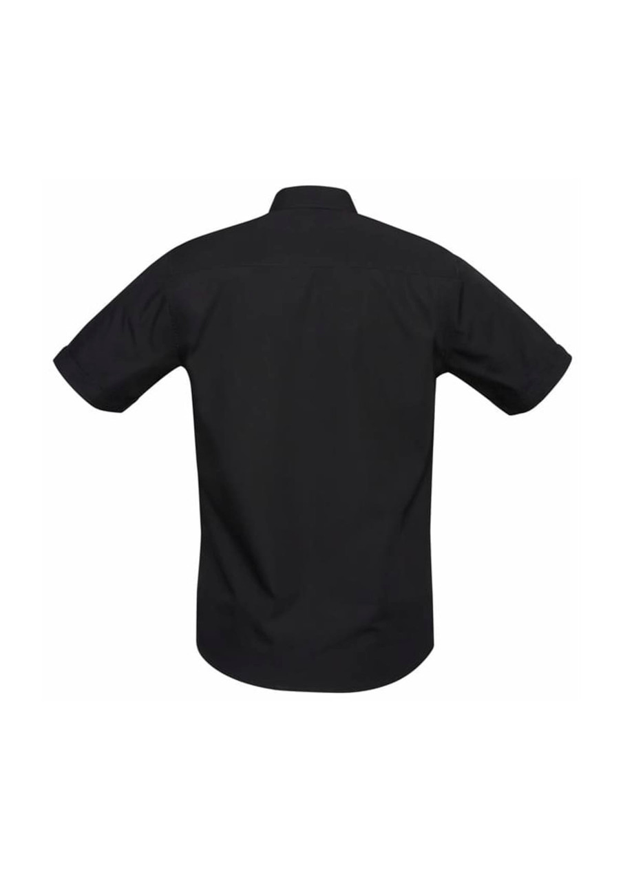 A black men's Bondi short sleeve shirt with a button-up design and rolled sleeves, featuring a logo.