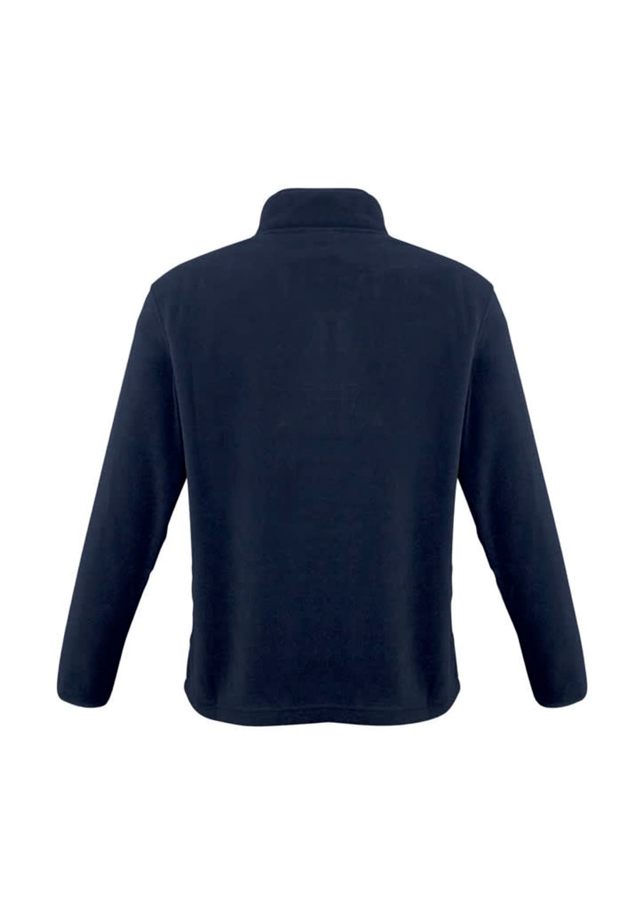A navy polar fleece jacket with a high collar and long sleeves, featuring a logo.