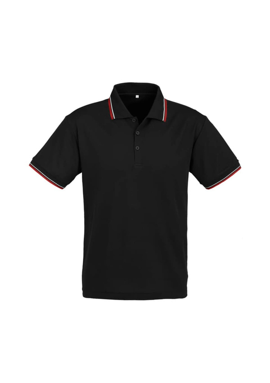 A black polo shirt with short sleeves, featuring contrasting trim on the collar and cuffs. It has a logo.