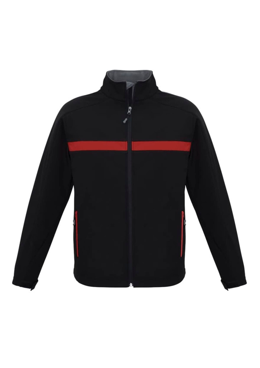 A black unisex soft shell jacket with red stripes and zippered pockets. Features a stand-up collar and has a logo.