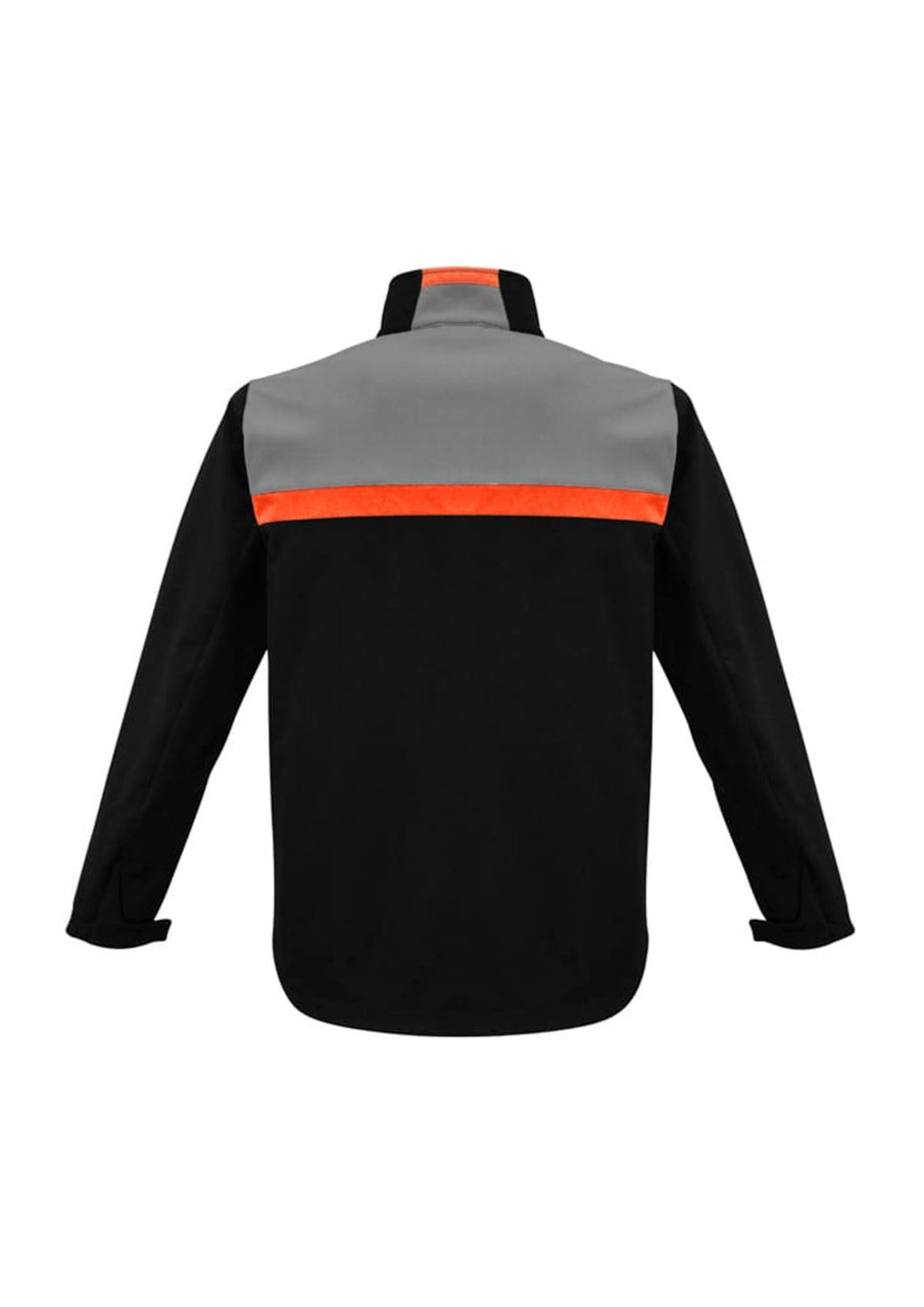 A unisex soft shell jacket featuring a black body, grey upper section, and orange accent on the back. It has a logo.