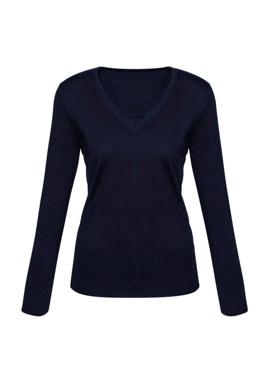 A women's Milano pullover in navy blue with a v-neckline and long sleeves. It features a fitted silhouette and ribbed hem.