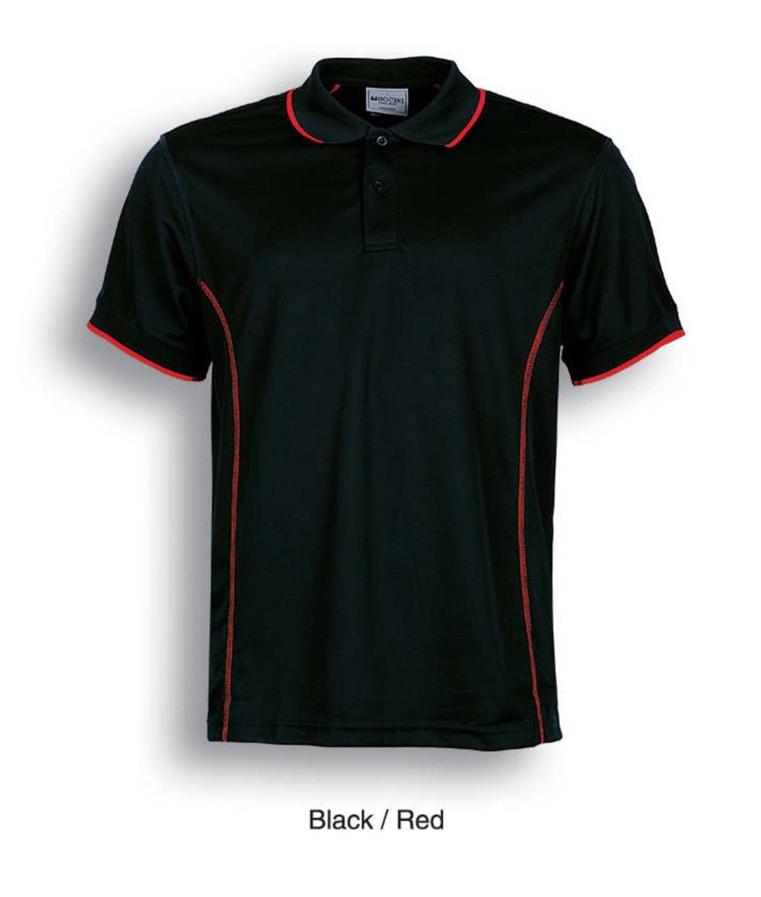 A black and red polo shirt with contrasting trim and a logo on the chest area. Short sleeves and classic collar design.