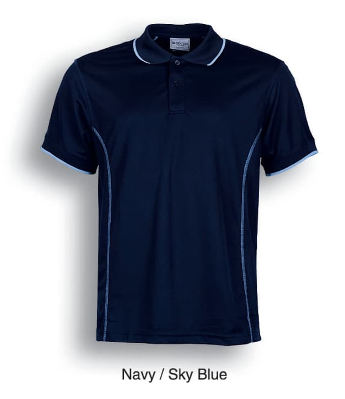 A navy polo shirt with sky blue accents and a collar, featuring a logo.