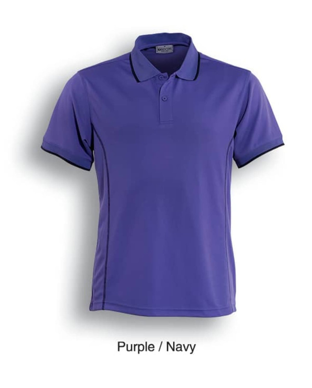 A purple and navy short sleeve polo shirt with a logo. Features a classic polo collar and button placket.