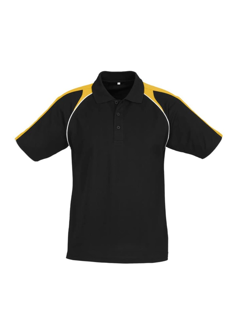 A black polo shirt with yellow accents on the shoulders and a collar, featuring a logo.
