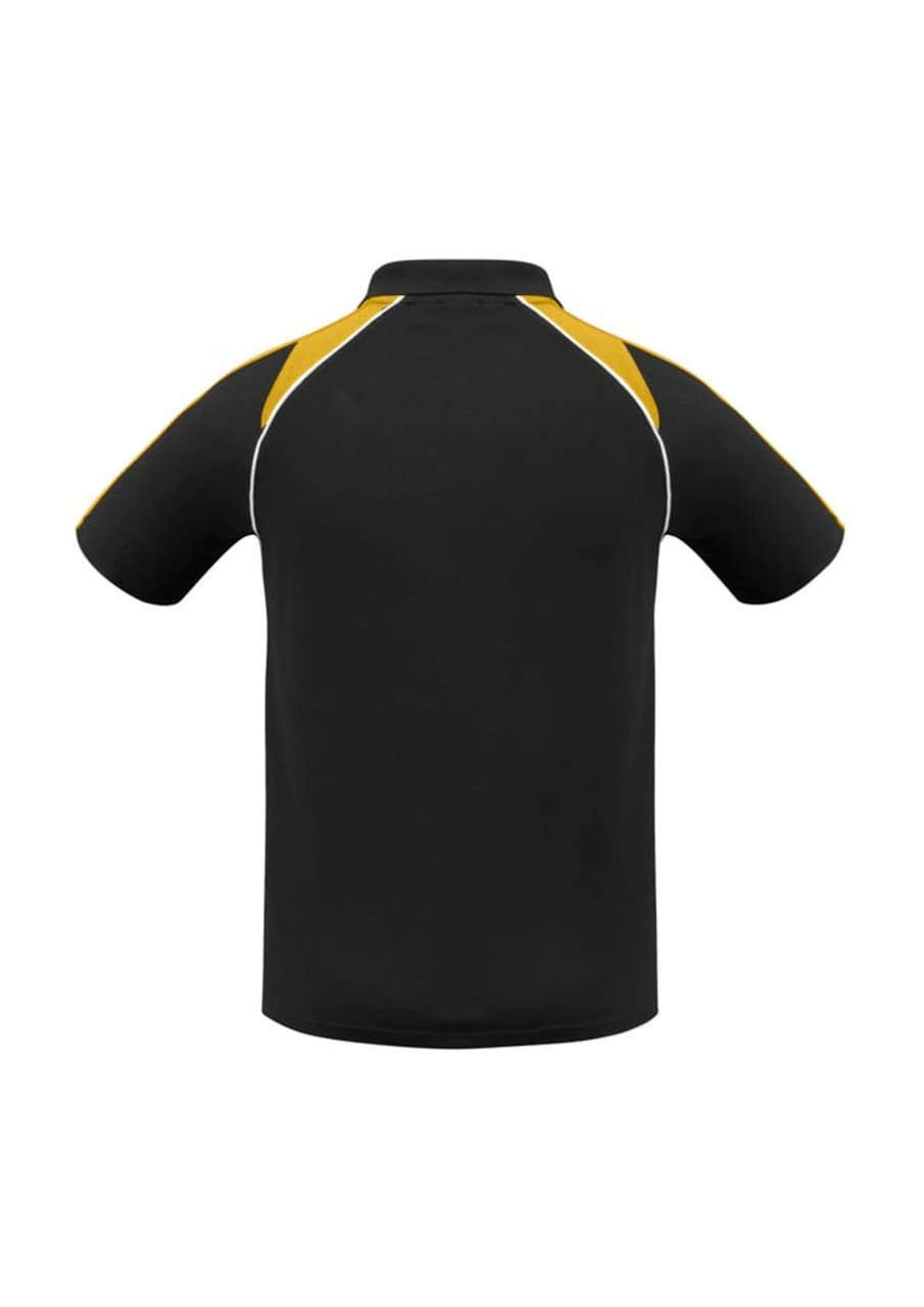 A black polo shirt with yellow accents and a logo on the chest, featuring short sleeves and a classic collar.