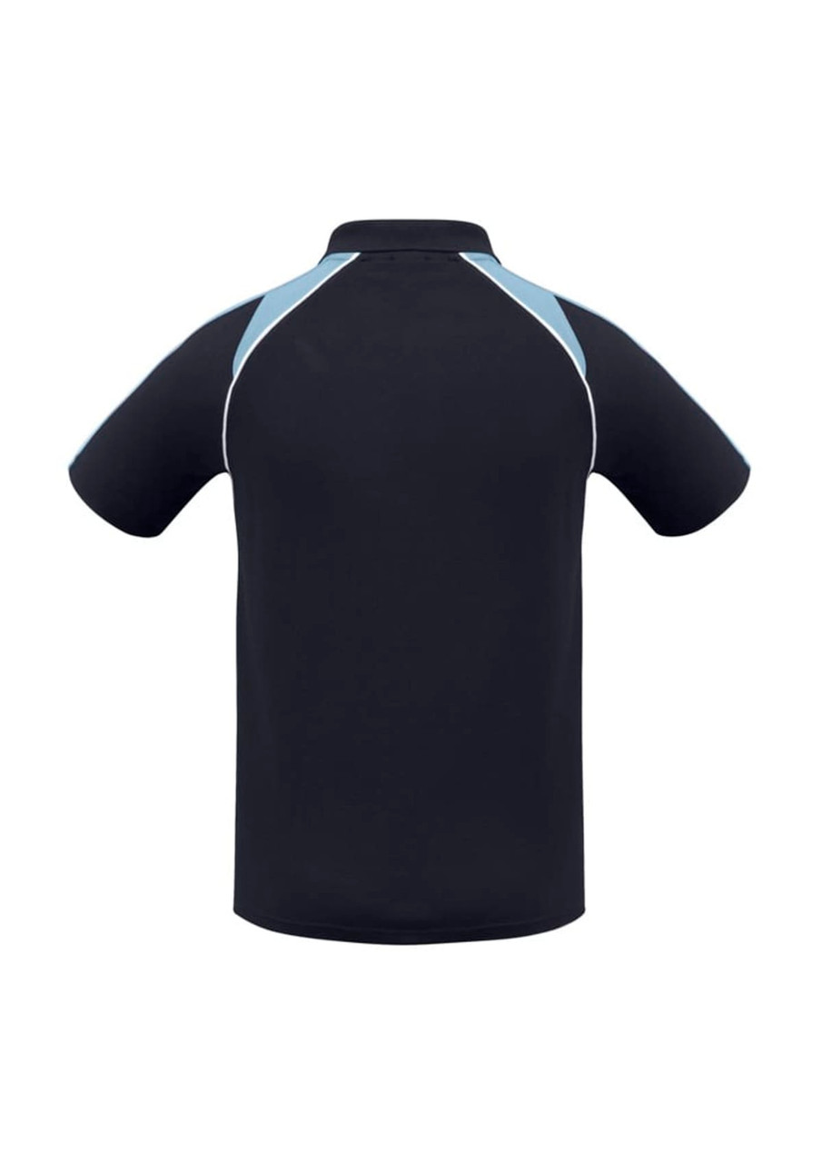 A black short sleeve polo shirt with light blue accents and a logo on the chest area.